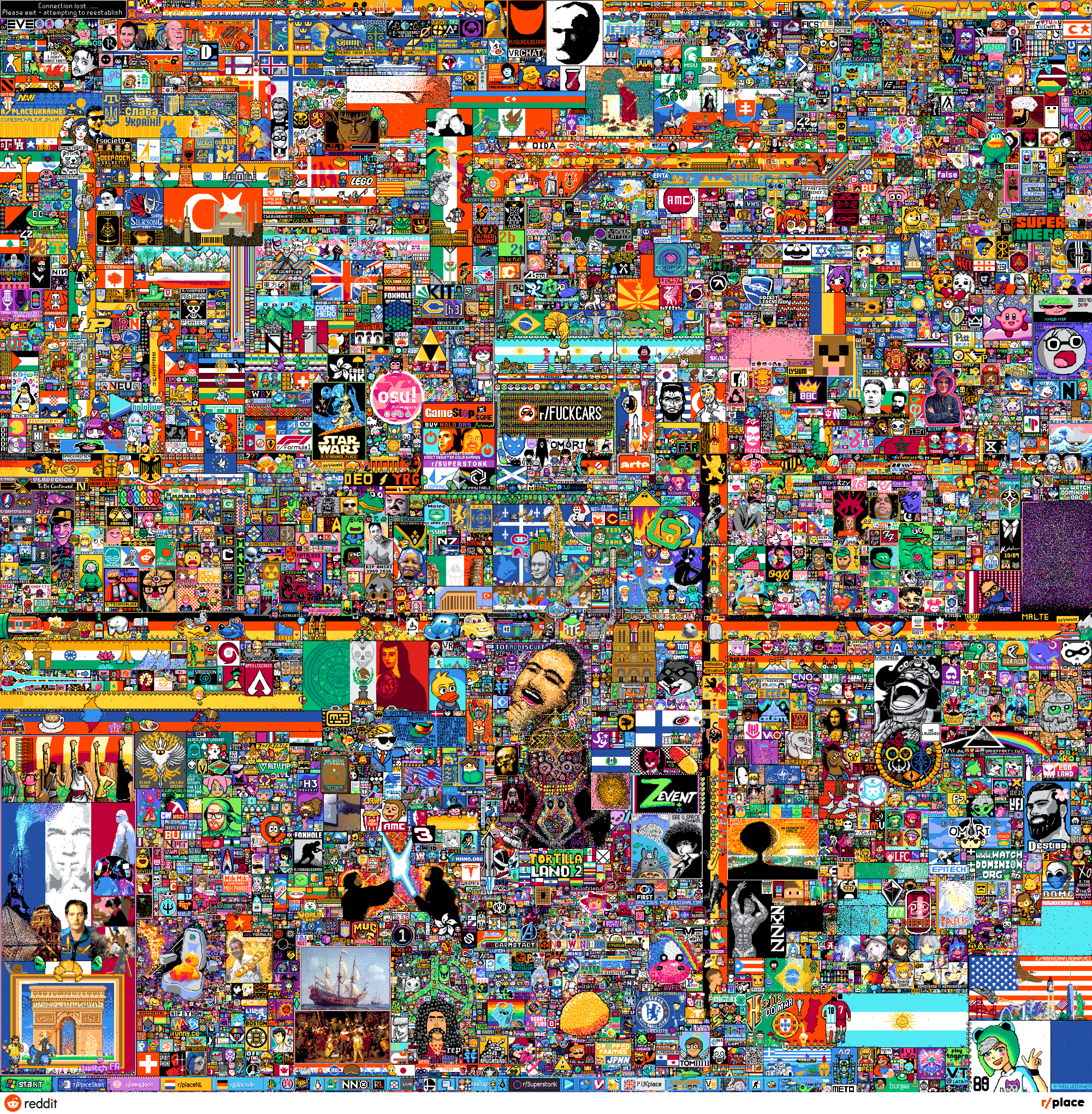 The 2022 r/place community canvas: a dense mosaic of pixel art, flags, characters, landmarks and messages.