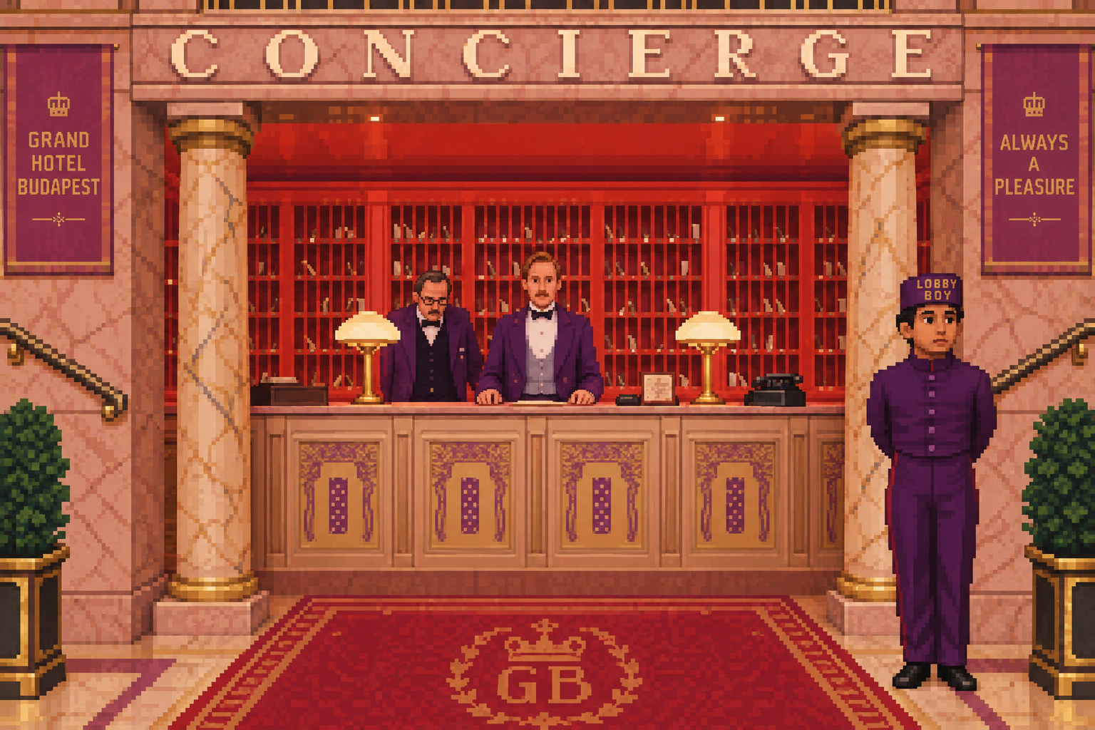 The concierge desk of the Grand Budapest Hotel: two clerks in purple behind the counter, a lobby boy at attention.